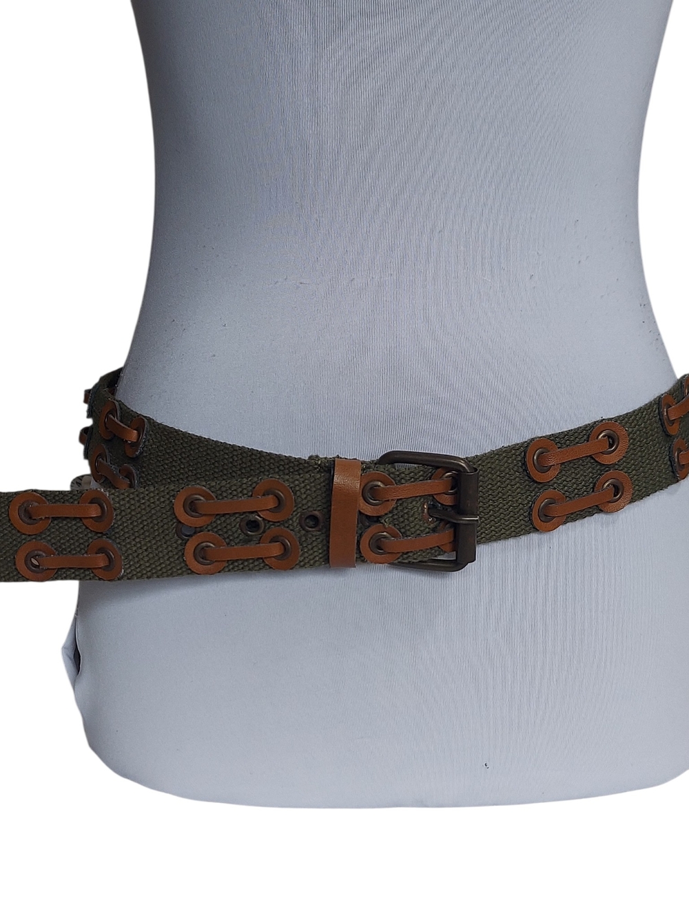 Military Inspired Olive Green Web Belt Brown Faux Leather Trim Adjustable - Picture 2 of 13